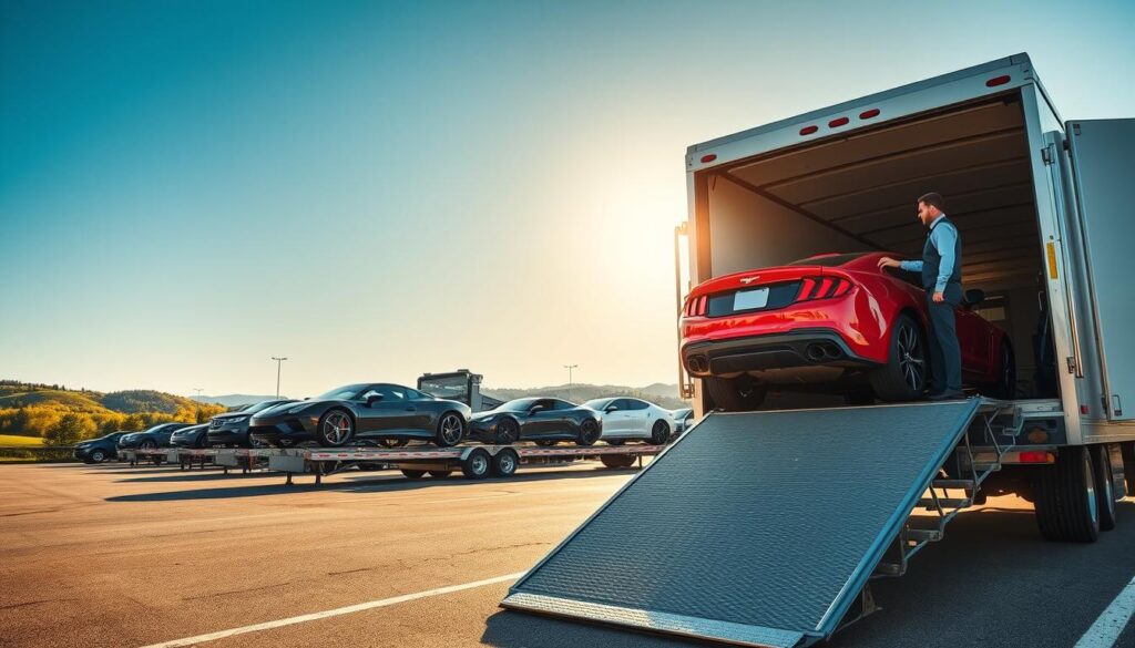 A bustling auto transport yard in Boyne City, Michigan, showcasing various vehicles ready for shipping. In the foreground, a sleek red car is being carefully loaded onto an open transport trailer by a professional in business attire. The middle ground features multiple car carriers, some fully loaded with stunning vehicles under a clear blue sky, casting soft shadows. In the background, picturesque Michigan scenery with rolling green hills and a glimpse of Lake Charlevoix, enhancing the local charm. The warm sunlight bathes the scene, giving it a vibrant, dynamic atmosphere. The angle captures the efficiency and professionalism of the car shipping process, emphasizing safety and reliability in auto transport.