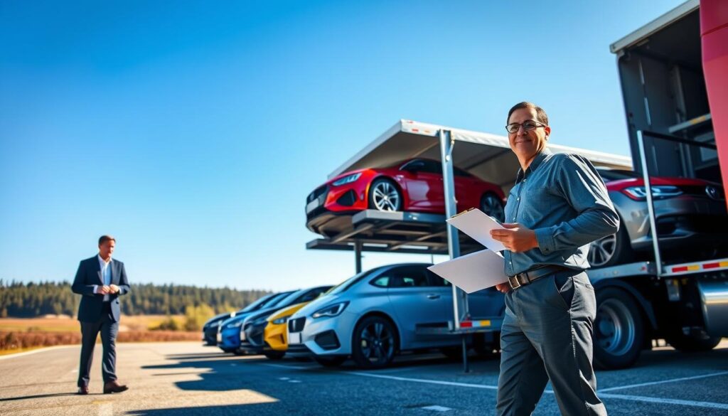 A bustling auto transport yard in Cadillac, Michigan, showcasing a fleet of trucks ready for car shipping. In the foreground, a professional representative in smart business attire stands by a transport truck, holding a clipboard and reviewing logistics. The middle ground features several sleek cars being loaded onto an open-car hauler, with bright colors contrasting against a clear blue sky. In the background, a sprawling landscape of trees and a clear lake embody the serene Michigan scenery. Soft sunlight bathes the scene, creating a welcoming and reliable atmosphere, captured with a wide-angle lens to emphasize the scale of the operations and make the viewer feel the efficiency of the car transport services. A bustling auto transport yard in Cadillac, Michigan, showcasing a fleet of trucks ready for car shipping. In the foreground, a professional representative in smart business attire stands by a transport truck, holding a clipboard and reviewing logistics. The middle ground features several sleek cars being loaded onto an open-car hauler, with bright colors contrasting against a clear blue sky. In the background, a sprawling landscape of trees and a clear lake embody the serene Michigan scenery. Soft sunlight bathes the scene, creating a welcoming and reliable atmosphere, captured with a wide-angle lens to emphasize the scale of the operations and make the viewer feel the efficiency of the car transport services.