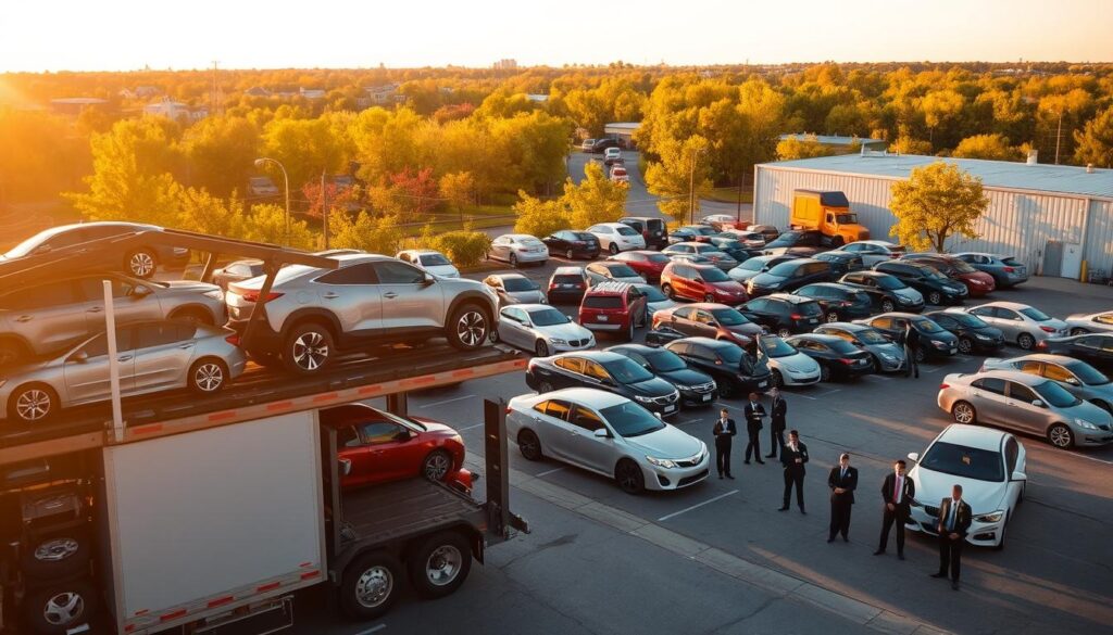 A bustling auto transport yard in Eastpointe, Michigan, during the late afternoon sun. In the foreground, a professional auto transport truck loaded with a variety of cars—sedans, SUVs, and vintage models—stands ready for shipping. The middle layer features a well-organized yard with a team of workers in professional business attire, inspecting vehicles and coordinating shipments. The background is filled with a vibrant Michigan skyline and an array of trees, reflecting the area's local charm. The scene is illuminated by warm, golden sunlight, creating a welcoming atmosphere. The angle is slightly elevated, providing a comprehensive view of the operations while capturing the essence of car shipping and auto transport in Eastpointe.
