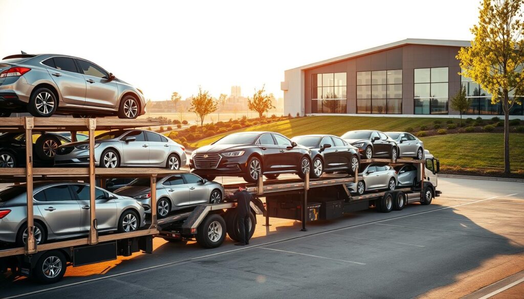 A bustling auto transport yard in Lincoln Park, Michigan, showcasing a professional car shipping service. In the foreground, a shiny, well-maintained transport truck with multiple levels loaded with various vehicles, including sedans and SUVs. Workers in professional attire are carefully securing cars and preparing them for shipment. In the middle ground, a sleek office building can be seen with large glass windows, reflecting the warm afternoon sunlight. The background features well-manicured landscaping, signaling a well-organized service area. Soft sunlight creates a warm, inviting atmosphere, emphasizing efficiency and professionalism. The angle is slightly elevated, providing a comprehensive view of the operations. No people are present on the transport truck, emphasizing the professionalism of the service without distractions.
