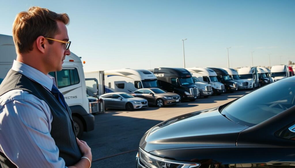 A bustling auto transport yard in Okemos, Michigan, showcases a fleet of professionally branded car transport trucks lined up and ready for shipment. In the foreground, a skilled driver in a crisp business uniform inspects a shiny car, emphasizing attention to detail and professionalism. The middle ground features various types of vehicles, including sedans, SUVs, and luxury cars, being loaded onto the trucks, with workers coordinating the process efficiently. In the background, a clear blue sky indicates a bright day, and the sun casts soft shadows, enhancing the sense of warmth and trustworthiness. The image evokes a sense of reliability, professionalism, and a commitment to quality in car shipping services.