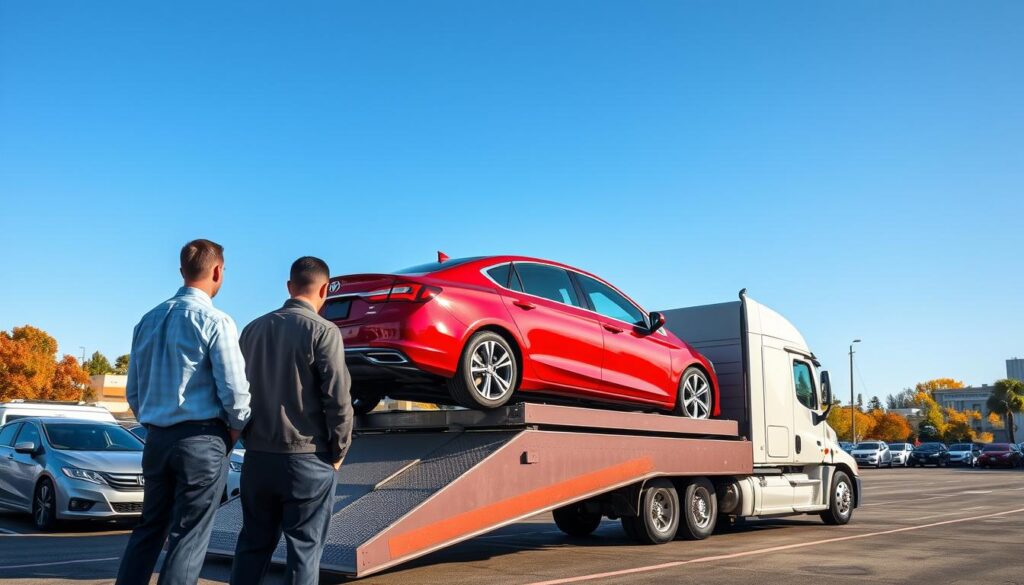 A bustling auto transport yard in Redford, Michigan, featuring professional car shipping in action. In the foreground, two individuals in business attire are overseeing the loading of a shiny red sedan onto a sleek, modern car transport truck. The middle ground showcases an array of various vehicles, including sedans, SUVs, and luxury cars, ready for shipment, with a clear blue sky above. In the background, the transport truck is positioned on a paved lot with the vibrant Redford cityscape visible, including trees and buildings in the distance. The sunlight casts warm, inviting tones over the scene, creating a professional and efficient atmosphere. The image captures the essence of reliable and safe car shipping. A bustling auto transport yard in Redford, Michigan, featuring professional car shipping in action. In the foreground, two individuals in business attire are overseeing the loading of a shiny red sedan onto a sleek, modern car transport truck. The middle ground showcases an array of various vehicles, including sedans, SUVs, and luxury cars, ready for shipment, with a clear blue sky above. In the background, the transport truck is positioned on a paved lot with the vibrant Redford cityscape visible, including trees and buildings in the distance. The sunlight casts warm, inviting tones over the scene, creating a professional and efficient atmosphere. The image captures the essence of reliable and safe car shipping.