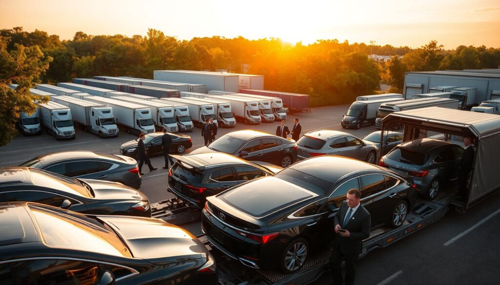 A bustling auto transport yard in Wixom, Michigan during the golden hour, capturing the warm glow of the setting sun. In the foreground, several shiny cars are being loaded onto an open car carrier, showcasing various makes and models, emphasizing efficiency in car shipping. The middle ground features employees dressed in professional business attire, coordinating logistics with clipboards in hand, while others secure the vehicles. The background includes a spacious industrial facility with large shipping containers and trucks, surrounded by lush greenery typical of the Michigan landscape. The atmosphere is one of organized hustle, with soft sunlight filtering through the trees, creating a serene yet dynamic mood. The shot is wide-angle, capturing the entire landscape, focusing on the movement and energy of car transport. A bustling auto transport yard in Wixom, Michigan during the golden hour, capturing the warm glow of the setting sun. In the foreground, several shiny cars are being loaded onto an open car carrier, showcasing various makes and models, emphasizing efficiency in car shipping. The middle ground features employees dressed in professional business attire, coordinating logistics with clipboards in hand, while others secure the vehicles. The background includes a spacious industrial facility with large shipping containers and trucks, surrounded by lush greenery typical of the Michigan landscape. The atmosphere is one of organized hustle, with soft sunlight filtering through the trees, creating a serene yet dynamic mood. The shot is wide-angle, capturing the entire landscape, focusing on the movement and energy of car transport.