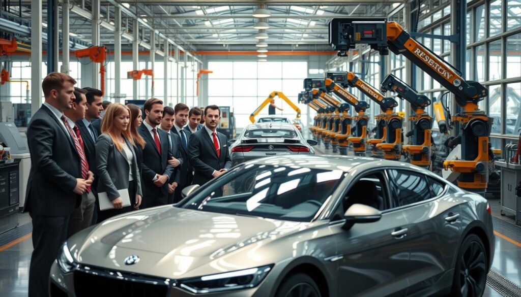 A bustling automotive factory interior showcasing the domestic automotive industry in America. In the foreground, a diverse group of professionals in business attire inspects a sleek, modern car model on the assembly line, emphasizing teamwork and innovation. The middle ground features assembly robots deftly assembling parts with precision, reflecting advanced manufacturing technology. In the background, large windows allow natural light to stream in, highlighting the vibrant energy of a productive environment. The atmosphere is lively yet focused, embodying the spirit of American craftsmanship in the automotive sector. Utilize a bright, well-lit setting with a wide-angle lens to capture the expansive space and dynamic interactions among the workers. A bustling automotive factory interior showcasing the domestic automotive industry in America. In the foreground, a diverse group of professionals in business attire inspects a sleek, modern car model on the assembly line, emphasizing teamwork and innovation. The middle ground features assembly robots deftly assembling parts with precision, reflecting advanced manufacturing technology. In the background, large windows allow natural light to stream in, highlighting the vibrant energy of a productive environment. The atmosphere is lively yet focused, embodying the spirit of American craftsmanship in the automotive sector. Utilize a bright, well-lit setting with a wide-angle lens to capture the expansive space and dynamic interactions among the workers.