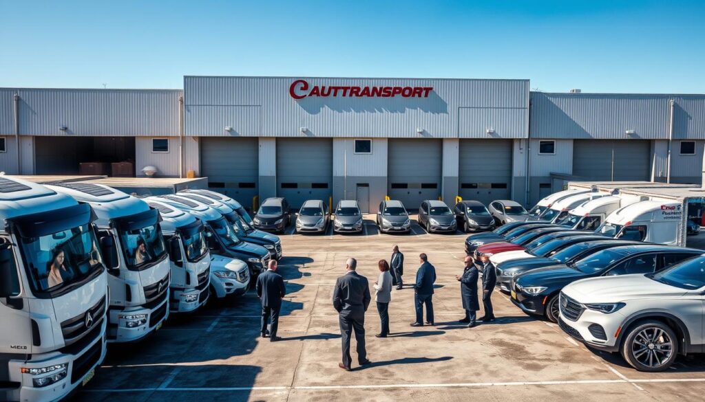 A bustling car shipping and auto transport local hub in Ecorse, Michigan. In the foreground, several delivery trucks are parked neatly, ready for loading. A diverse group of professionals in business attire oversees operations, discussing logistics and inspecting vehicles. In the middle ground, rows of new and used cars are lined up, showcasing a variety of makes and models, glistening under bright sunlight. The background features a clear blue sky, with the industrial architecture of the hub prominent, complete with loading docks and signage indicating the facility's name. Soft shadows cast by the vehicles create a dynamic yet professional atmosphere. The overall mood is efficient and organized, highlighting the significance of auto transport in the area.