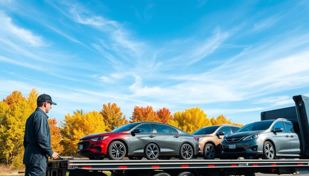 A bustling car shipping and auto transport scene in Traverse City, Michigan. In the foreground, a professional driver in business attire is inspecting a fleet of shiny cars loaded on a transport trailer, with a clear blue sky above. The middle ground showcases a diverse range of cars, both sedans and SUVs, lined up on the transport truck, with vibrant trees of Kingsley in early autumn colors in the background. Overhead, wispy clouds create a bright, sunny atmosphere. The image should convey a sense of efficiency and professionalism in auto transport, capturing the essence of car shipping in northern Michigan. Use a wide-angle lens to encompass the entire scene, ensuring the composition is well-lit and visually engaging without any text or branding.