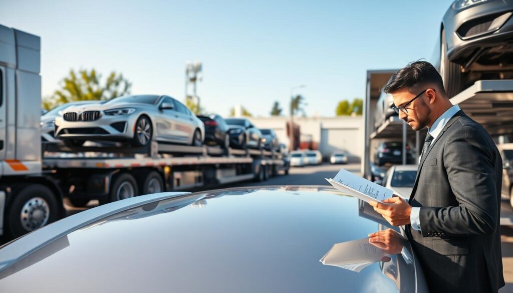 A bustling car shipping facility in Battle Creek, Michigan, showcasing a variety of vehicles being loaded onto a transport truck. In the foreground, a professional worker in smart business attire organizes paperwork while overseeing the loading process. The middle ground features a sleek, modern car transport truck, with cars carefully secured on multiple levels, reflecting a shiny, polished surface. In the background, a clear blue sky frames the scene, with a few trees and industrial buildings typical of the area. The atmosphere is bright and efficient, capturing the professionalism of the auto transport industry. Soft, natural lighting enhances the details, emphasizing the chrome textures of the vehicles. The angle is slightly elevated to provide a comprehensive view of the operation.