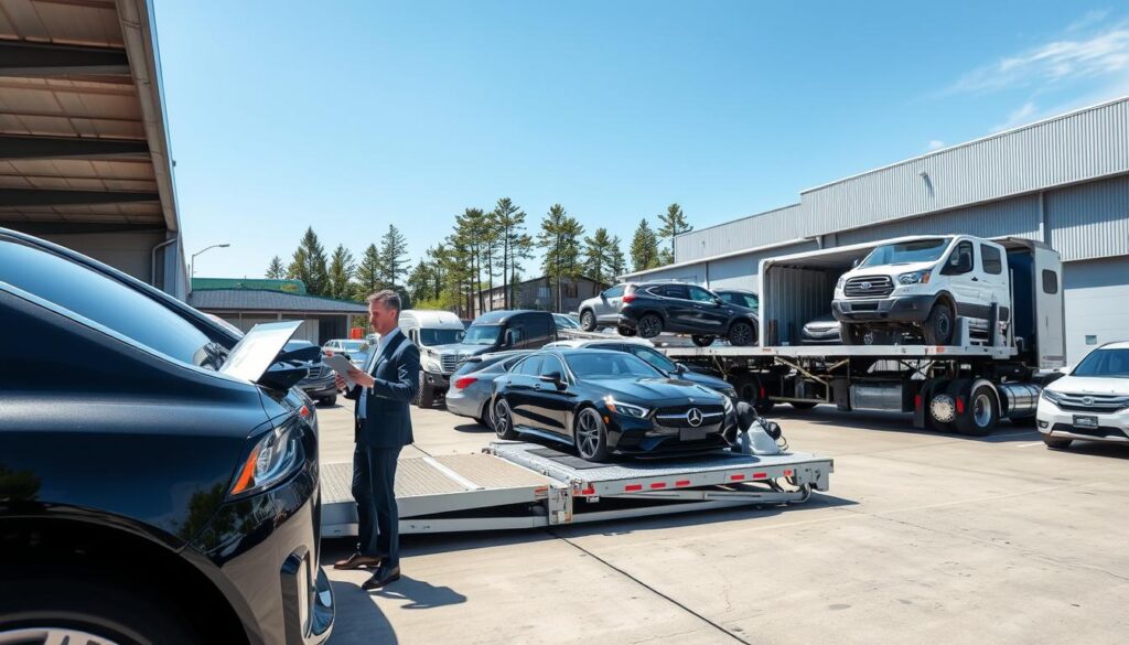 A bustling car shipping facility in Sterling Heights, Michigan, filled with various vehicles ready for transport. In the foreground, a professional-looking individual in business attire stands beside a shining car on an elevated loading platform, checking documentation on a tablet. The middle ground features a large transport truck loading multiple vehicles, showcasing a seamless operation. In the background, a clear blue sky above a backdrop of industrial buildings and pine trees typical of Michigan's landscape. Soft, natural lighting highlights the scene, casting gentle shadows that create depth. The atmosphere is filled with a sense of efficiency and reliability, reflecting the comprehensive vehicle shipping solutions offered in the area. The angle is slightly elevated, providing a broad view of the facility's logistics in action.