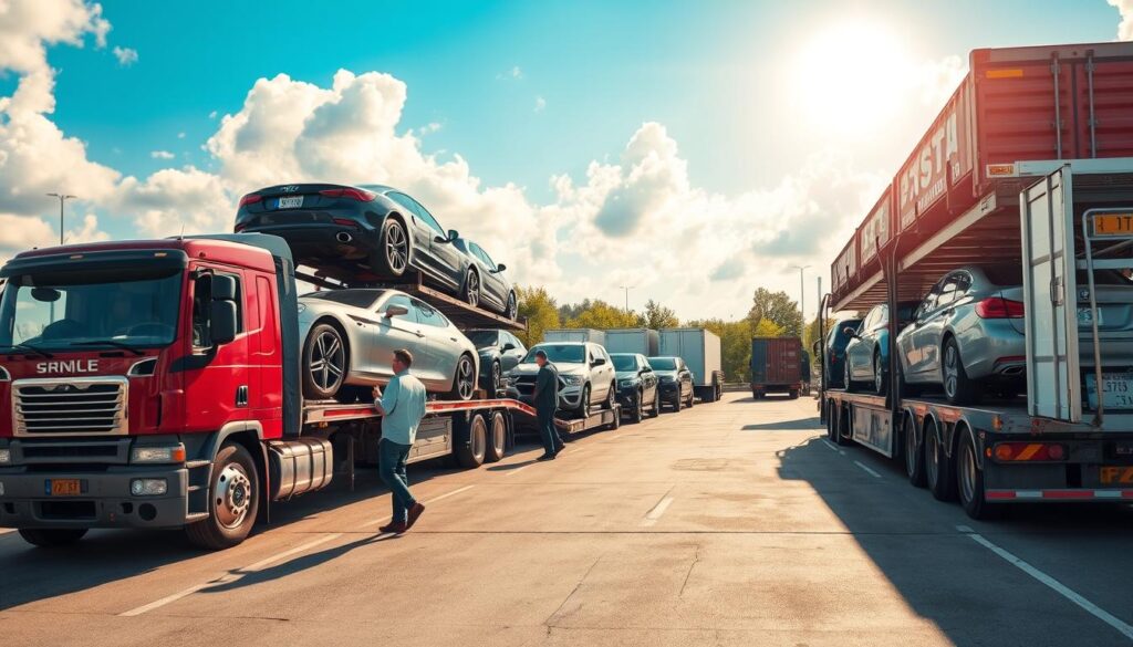 A bustling car shipping service scene in Holland, Michigan, featuring a transport truck loaded with a variety of vehicles, including sedans and SUVs, set against an attractive backdrop of the local landscape. In the foreground, the truck driver, dressed in professional attire, is efficiently securing a car while another employee communicates with a customer beside the truck. The middle ground captures the transport vehicles and a well-organized shipping yard, with car trailers and shipping containers in view. The background showcases a bright blue sky with soft clouds, emphasizing a sunny day, conveying a sense of reliability and professionalism. Capture this scene with a slight wide-angle lens to create depth, ensuring the entire atmosphere feels vibrant and welcoming. The lighting should be warm and inviting, highlighting the cars and the busy activity of the shipping service, reflecting trust and efficiency in auto transport.