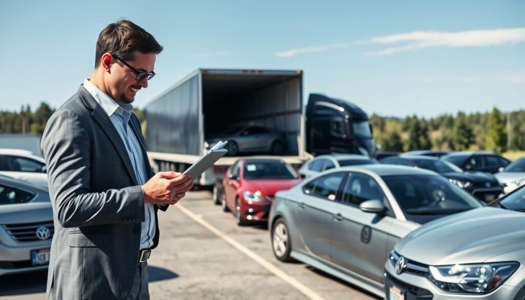 A bustling car shipping terminal in Alpena, Michigan, with several vehicles lined up for transport. In the foreground, a professional shipping agent in a business attire is reviewing logistics on a tablet, showcasing reliability. The middle ground features a lot filled with diverse cars ready for loading onto a transport truck, complete with a modern semi-truck with an open trailer. In the background, the scenic landscape of Michigan with trees and a clear blue sky emphasizes the calm and trustworthy services offered. Soft, natural lighting enhances the professional atmosphere, capturing the essence of dependable auto transport. The scene is shot at a slight angle to add depth, conveying a sense of efficiency and organization in car shipping. A bustling car shipping terminal in Alpena, Michigan, with several vehicles lined up for transport. In the foreground, a professional shipping agent in a business attire is reviewing logistics on a tablet, showcasing reliability. The middle ground features a lot filled with diverse cars ready for loading onto a transport truck, complete with a modern semi-truck with an open trailer. In the background, the scenic landscape of Michigan with trees and a clear blue sky emphasizes the calm and trustworthy services offered. Soft, natural lighting enhances the professional atmosphere, capturing the essence of dependable auto transport. The scene is shot at a slight angle to add depth, conveying a sense of efficiency and organization in car shipping.
