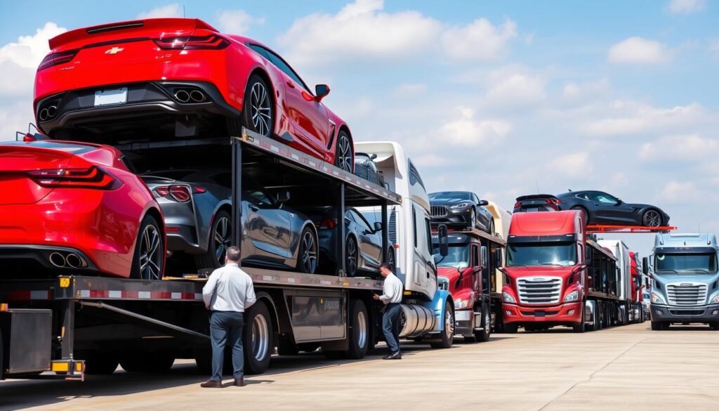 A bustling car shipping terminal in Bay City, Michigan, showcasing multiple auto transport trucks lined up, with various vehicles loaded onto their flatbeds. In the foreground, a transport truck carrying sleek cars, including a vibrant red sports car and a luxury sedan, while workers in professional attire guide the loading process. In the middle ground, additional trucks are parked, some preparing to unload, creating a sense of busy logistics. The background features a clear blue sky with soft clouds, providing an inviting atmosphere. Natural sunlight bathes the scene, illuminating the shiny surfaces of the vehicles. The perspective is slightly elevated, capturing the overall scale of the transport operation, embodying the essence of car shipping and auto transport.