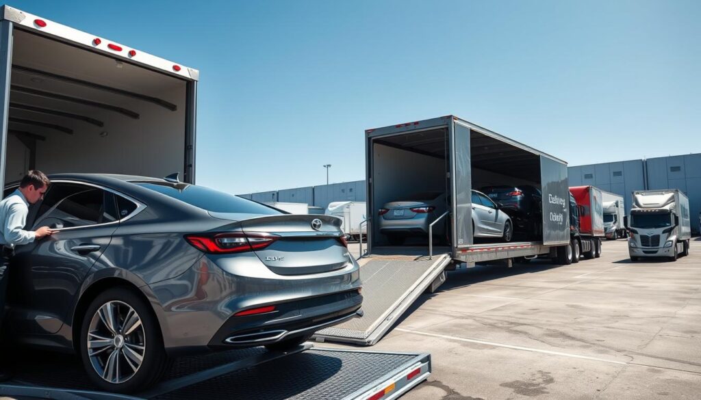A bustling car shipping terminal in Belding, Michigan, showcasing a professional car transport operation. In the foreground, a sleek, shiny car is loaded onto an enclosed transport truck by a worker in a clean, professional uniform. In the middle ground, additional vehicles are being carefully loaded onto two more transport trucks, reflecting a sense of efficiency and organization. The background features a clear blue sky above the terminal, with additional trucks parked neatly and several large, modern warehouses. The lighting is bright and natural, indicating a sunny day, creating an atmosphere of reliability and professionalism in the auto transport industry. The angle is slightly elevated to capture the scale and professionalism of the car shipping operation without any text or distractions.