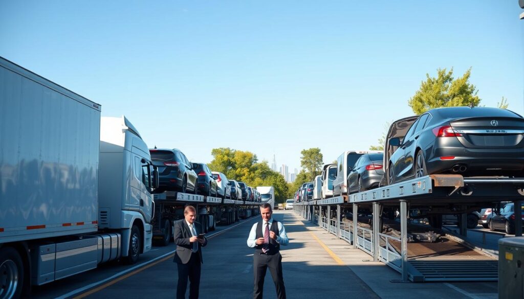 A bustling car shipping terminal in Big Rapids, Michigan, showcasing a fleet of modern car transport trucks lined up in the foreground, expertly loading vehicles onto ramps. In the middle ground, a team of professional workers in business attire is coordinating the shipping process, using walkie-talkies and tablets. The background features a clear blue sky contrasted by green trees and the subtle presence of the Big Rapids skyline. The scene is bathed in bright, natural sunlight, casting soft shadows and creating an optimistic and efficient atmosphere. The angle captures a wide view of the terminal, giving a sense of scale and activity, while focusing on the dynamic interplay between transportation and logistics.