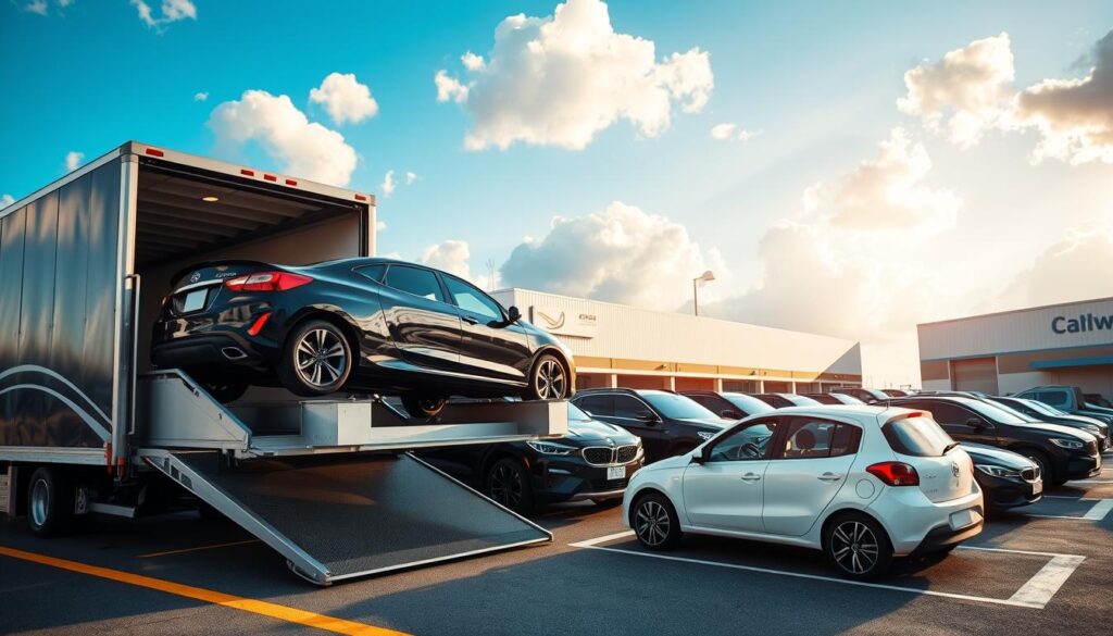 A bustling car shipping terminal in Clawson, Michigan, showcasing a variety of vehicles ready for transport. In the foreground, a professional auto transport truck, elegantly designed with sleek lines, is loading a shiny black sedan with a polished finish. The middle ground features a lineup of diverse cars including a compact hatchback, an SUV, and a luxury vehicle, all parked on expansive loading docks. The background reveals a clear blue sky with fluffy white clouds, alongside the corporate branding of a shipping company on the terminal building. The scene is illuminated by soft, natural lighting, creating a warm and inviting atmosphere. The angle is slightly elevated, offering a comprehensive view of the vehicle shipping solutions in action, emphasizing professionalism and efficiency. A bustling car shipping terminal in Clawson, Michigan, showcasing a variety of vehicles ready for transport. In the foreground, a professional auto transport truck, elegantly designed with sleek lines, is loading a shiny black sedan with a polished finish. The middle ground features a lineup of diverse cars including a compact hatchback, an SUV, and a luxury vehicle, all parked on expansive loading docks. The background reveals a clear blue sky with fluffy white clouds, alongside the corporate branding of a shipping company on the terminal building. The scene is illuminated by soft, natural lighting, creating a warm and inviting atmosphere. The angle is slightly elevated, offering a comprehensive view of the vehicle shipping solutions in action, emphasizing professionalism and efficiency.