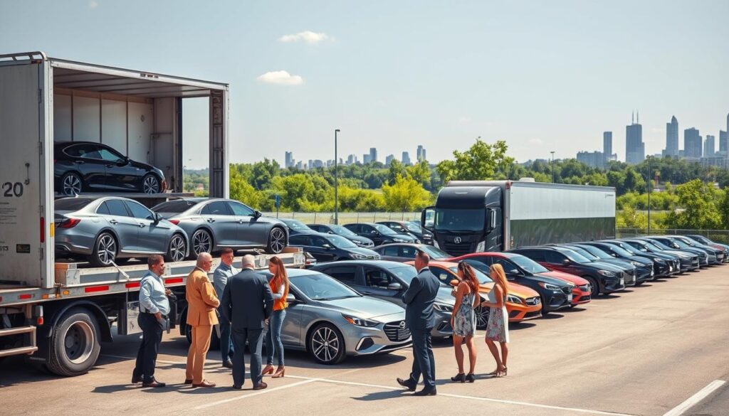 A bustling car shipping terminal in Grosse Pointe Farms, Michigan, during a bright, sunny day. In the foreground, a diverse group of professional individuals in business attire is discussing logistics beside a transport truck loaded with shiny, new vehicles, showcasing various colors and models. The middle ground features an organized row of cars awaiting shipment, with a modern auto transport truck unloading vehicles. In the background, glimpses of the beautiful Grosse Pointe Farms skyline and lush greenery represent the area's charm. Soft, natural lighting illuminates the scene, casting gentle shadows, while the composition captures the efficiency and professionalism of the auto transport industry, evoking a sense of trust and reliability.