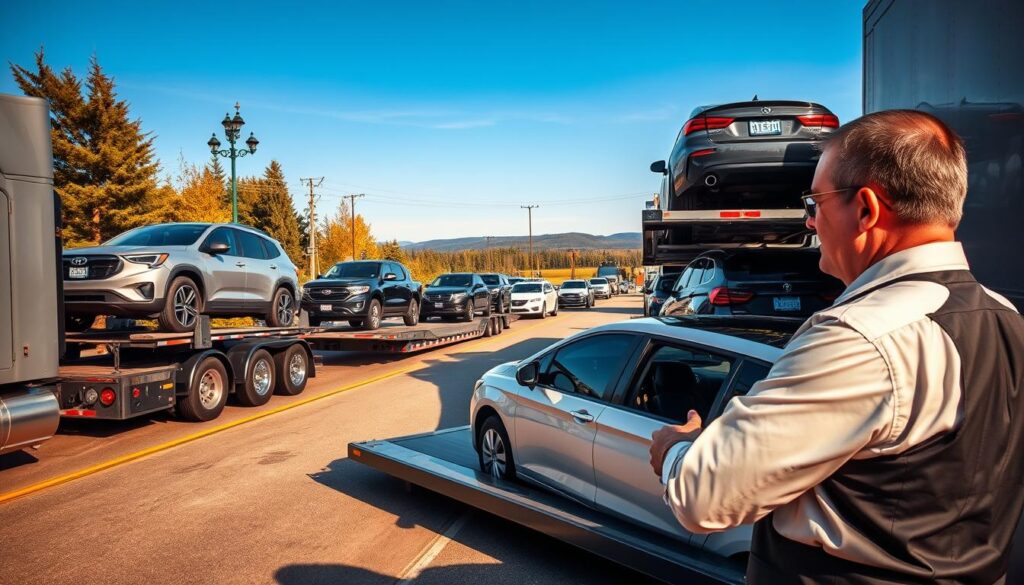 A bustling car shipping terminal in Iron Mountain, Michigan, showcasing a variety of vehicles ready for transport. In the foreground, a professional auto transport driver in business attire is inspecting a shiny sedan loaded on a car hauler. The middle ground features multiple car carriers lined up, with diverse vehicles like SUVs and trucks secured, displaying the efficiency of the shipping process. In the background, the serene landscape of Iron Mountain unfolds, with trees and a clear blue sky. The scene is illuminated by warm, natural sunlight, casting soft shadows, and captured with a slightly angled lens to create depth. The mood is organized and professional, reflecting the reliability of car shipping services in this region, conveying a sense of trust and competence. A bustling car shipping terminal in Iron Mountain, Michigan, showcasing a variety of vehicles ready for transport. In the foreground, a professional auto transport driver in business attire is inspecting a shiny sedan loaded on a car hauler. The middle ground features multiple car carriers lined up, with diverse vehicles like SUVs and trucks secured, displaying the efficiency of the shipping process. In the background, the serene landscape of Iron Mountain unfolds, with trees and a clear blue sky. The scene is illuminated by warm, natural sunlight, casting soft shadows, and captured with a slightly angled lens to create depth. The mood is organized and professional, reflecting the reliability of car shipping services in this region, conveying a sense of trust and competence.