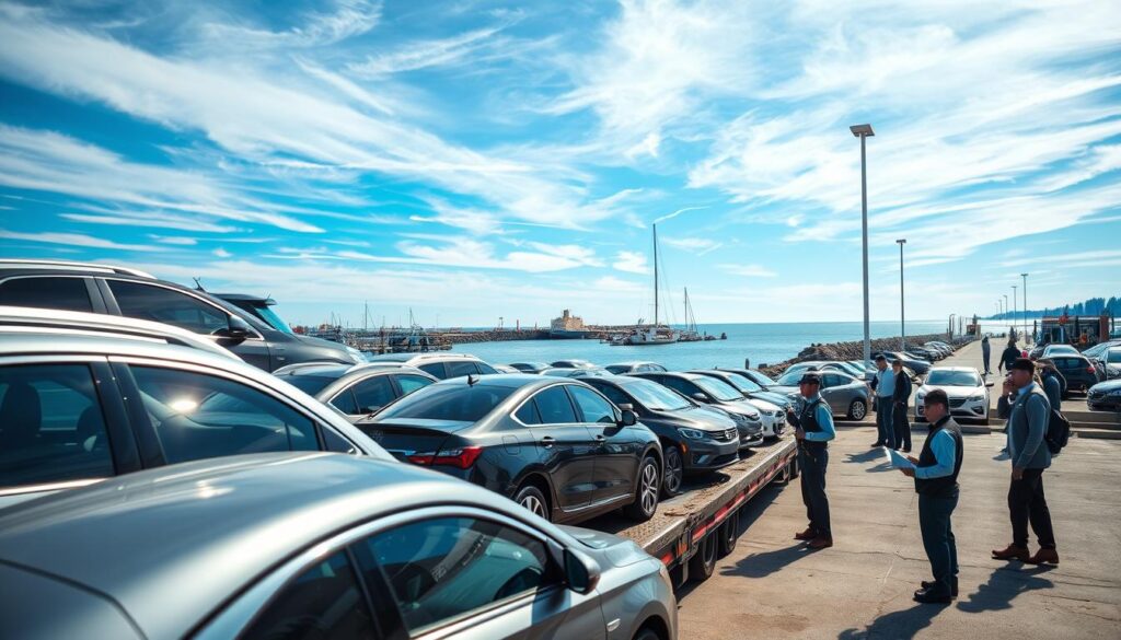 A bustling car shipping terminal in Marquette, Michigan, featuring a diverse array of vehicles ready for transport. In the foreground, a fleet of cars is lined up on a transport truck, gleaming in the sunlight. Middle ground highlights workers in professional attire, coordinating the loading process with clipboards and walkie-talkies, displaying teamwork and organization. The background showcases the iconic Marquette waterfront, with subtle hints of the Great Lakes, and a blue sky filled with wispy clouds. Soft, natural lighting enhances the scene, creating a vibrant and industrious atmosphere. The angle captures a dynamic perspective, emphasizing the busy nature of the car shipping industry in this picturesque city.