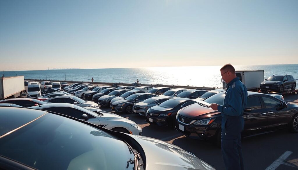 A bustling car shipping terminal in Port Huron, Michigan, showcasing a fleet of sleek, polished vehicles ready for transport. In the foreground, a professional auto transport driver, dressed in a crisp blue uniform, inspects a car, clipboard in hand. The middle ground features an array of car transport trucks, efficiently parked and loaded with various makes and models, highlighting the logistics of car shipping. In the background, the iconic Great Lakes waters shimmer under bright, clear skies, creating a vibrant atmosphere. Warm sunlight bathes the scene, enhancing the sense of professionalism and reliability in the auto transport industry. The image captures the essence of organized car shipping operations, with a focus on precision and care in auto transportation.
