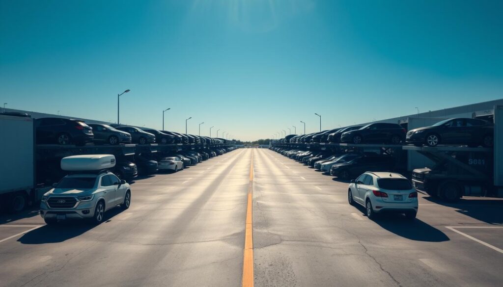 A bustling car shipping terminal in Taylor Township, Michigan, showcasing multiple car transport trucks loaded with vehicles in the foreground. Middle ground features a smooth, wide driveway lined with neatly parked cars waiting for transport. In the background, a clear blue sky stretches above, enhancing the serene yet industrious atmosphere. Soft sunlight illuminates the scene, casting gentle shadows on the pavement. The angle is slightly elevated, providing a comprehensive view of the operations. The mood is professional and organized, reflecting the efficiency and reliability of car shipping services. No people are present, keeping the focus on the vehicles and transport logistics, with vibrant colors that emphasize the vehicles and trucking equipment against a clean, uncluttered environment.
