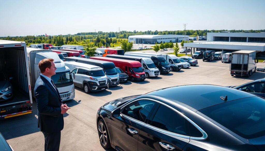 A bustling car shipping terminal in Troy, Michigan, showcasing rows of transport trucks loaded with various vehicles ready for shipment. In the foreground, a professional-looking individual in business attire is discussing logistics with a shipping manager by a sleek car. The middle ground features a fleet of transport trucks, some with open trailers revealing new cars and others parked under a clear blue sky. The background includes an expansive view of the terminal with a modern warehouse and surrounding greenery, reflecting a vibrant, industrious atmosphere. Bright, even lighting casts soft shadows, highlighting the details of the vehicles and the efficiency of the operation. The overall mood is professional and dynamic, emphasizing the importance of car shipping and auto transport in the area.