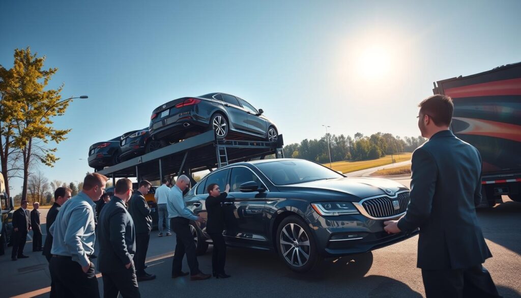 A bustling car shipping yard in Adrian, Michigan, showcasing a professional transport team efficiently loading a variety of vehicles onto a large car carrier. In the foreground, a diverse crew of workers dressed in professional business attire carefully secures a shiny sedan, demonstrating expertise and teamwork. The middle ground features a multi-level car carrier loaded with different car models, gleaming under the bright afternoon sun, casting sharp shadows. In the background, a clear blue sky stretches above a landscape of green trees and a nearby road, hinting at the journey ahead. The overall atmosphere conveys professionalism and reliability, with an emphasis on safety and meticulous service. The angle captures the action from a slightly elevated perspective, highlighting the scale of the operation.