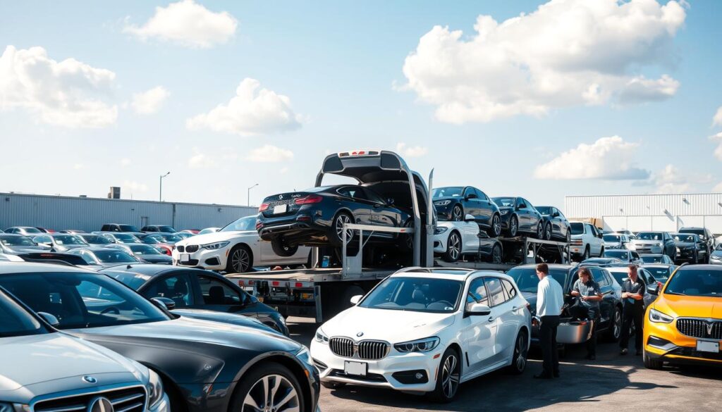 A bustling car shipping yard in Brownstown, Michigan, showcasing rows of vehicles ready for transport. In the foreground, a professional auto transporter truck is being loaded with shiny, brand-new cars, highlighting the efficiency of the loading process. The middle ground features workers in professional attire, carefully securing vehicles, emphasizing teamwork and precision in auto transport. The background displays a clear blue sky with a few fluffy clouds, casting soft natural light on the scene. The atmosphere is industrious yet organized, reflecting the reliability of car shipping services in the region. The camera angle is slightly elevated, capturing the entirety of the yard while focusing on the action, providing a comprehensive view of the auto transport process.