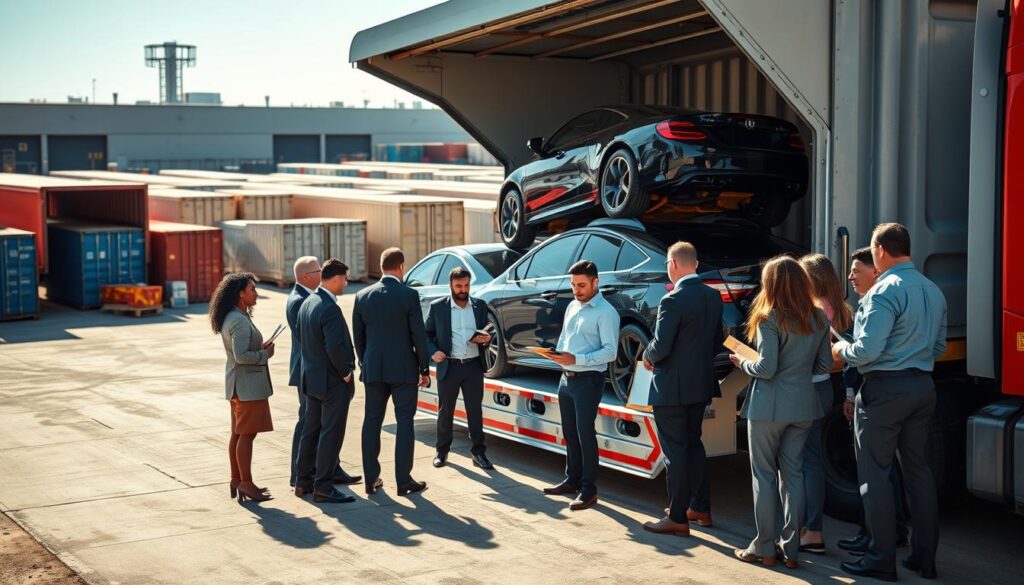 A bustling car shipping yard in Flat Rock, Michigan, showcasing a fleet of vehicles being expertly loaded onto an open transport truck. In the foreground, a diverse group of professionals in business attire oversees the loading process, discussing logistics with a clipboards in hand. The middle ground features the transport truck with shiny cars securely strapped down, reflecting the bright sunlight. In the background, a slightly blurred industrial setting with warehouses and shipping containers adds depth. The scene is illuminated by natural sunlight casting soft shadows, creating an uplifting and professional atmosphere. The angle captures the action dynamically, with a focus on teamwork and efficiency in the vehicle shipping industry, emphasizing safety and organization.