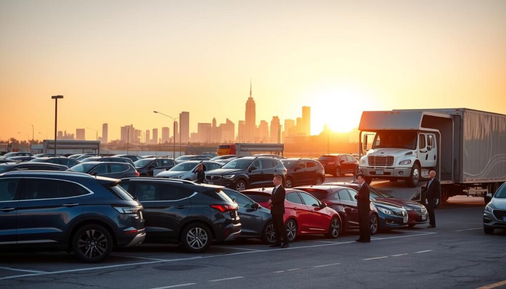 A bustling car shipping yard in Grand Rapids, Michigan, during the golden hour of sunset. In the foreground, a well-organized line of various vehicles ready for transport, featuring modern cars and SUVs in vibrant colors. The middle ground includes professional auto transport workers in business attire, communicating efficiently as they prepare vehicles for loading onto a large, branded car carrier. In the background, the iconic Grand Rapids skyline is visible, bathed in warm sunlight. The atmosphere is energetic yet professional, highlighting the efficient and reliable service of car shipping. The image should be taken from a slightly elevated angle, with soft, natural lighting to enhance the scene’s warmth and vibrancy. A bustling car shipping yard in Grand Rapids, Michigan, during the golden hour of sunset. In the foreground, a well-organized line of various vehicles ready for transport, featuring modern cars and SUVs in vibrant colors. The middle ground includes professional auto transport workers in business attire, communicating efficiently as they prepare vehicles for loading onto a large, branded car carrier. In the background, the iconic Grand Rapids skyline is visible, bathed in warm sunlight. The atmosphere is energetic yet professional, highlighting the efficient and reliable service of car shipping. The image should be taken from a slightly elevated angle, with soft, natural lighting to enhance the scene’s warmth and vibrancy.