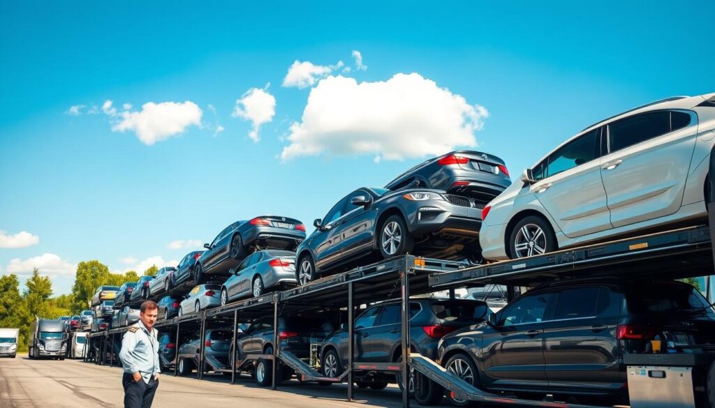 A bustling car shipping yard in Harper Woods, Michigan, showcasing several transport trucks loaded with various vehicles, including sedans, SUVs, and trucks. In the foreground, a competent auto transport driver, dressed in professional attire, discusses logistics with a colleague, both focused on their task. The middle ground displays the stacked transports, each vehicle secured and ready for shipping, with bright sunlight illuminating the chrome finishes of the cars. In the background, a clear blue sky, dotted with a few fluffy clouds, adds depth to the scene, while a hint of greenery from nearby trees reflects Michigan's natural beauty. The overall atmosphere is one of efficiency and professionalism, emphasizing the importance of safe car transport.