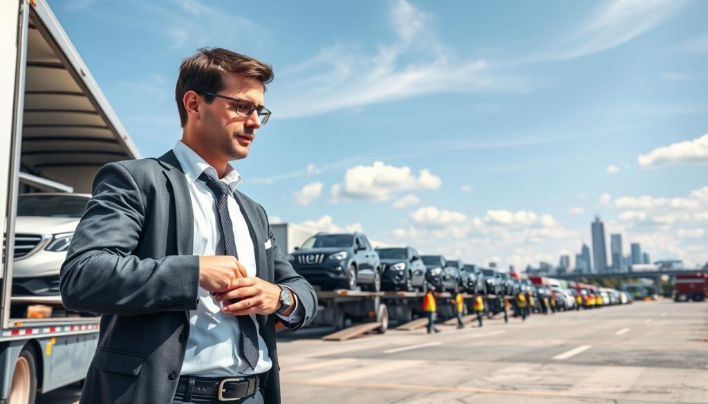 A bustling car shipping yard in Midland, Michigan, showcasing an array of vehicles neatly lined up on transport trucks. In the foreground, a professional-looking logistics coordinator in smart business attire is inspecting a car being loaded onto a truck, emphasizing attention to detail in the shipping process. The middle ground features several car transport trucks arranged in a row, their ramps lowered as workers, dressed in safety gear, carefully handle the vehicles. In the background, the skyline of Midland is visible, accentuated by a clear blue sky with soft white clouds. The lighting is bright and natural, giving the scene a fresh, professional look. The overall mood conveys efficiency, trust, and professionalism in the car shipping industry.