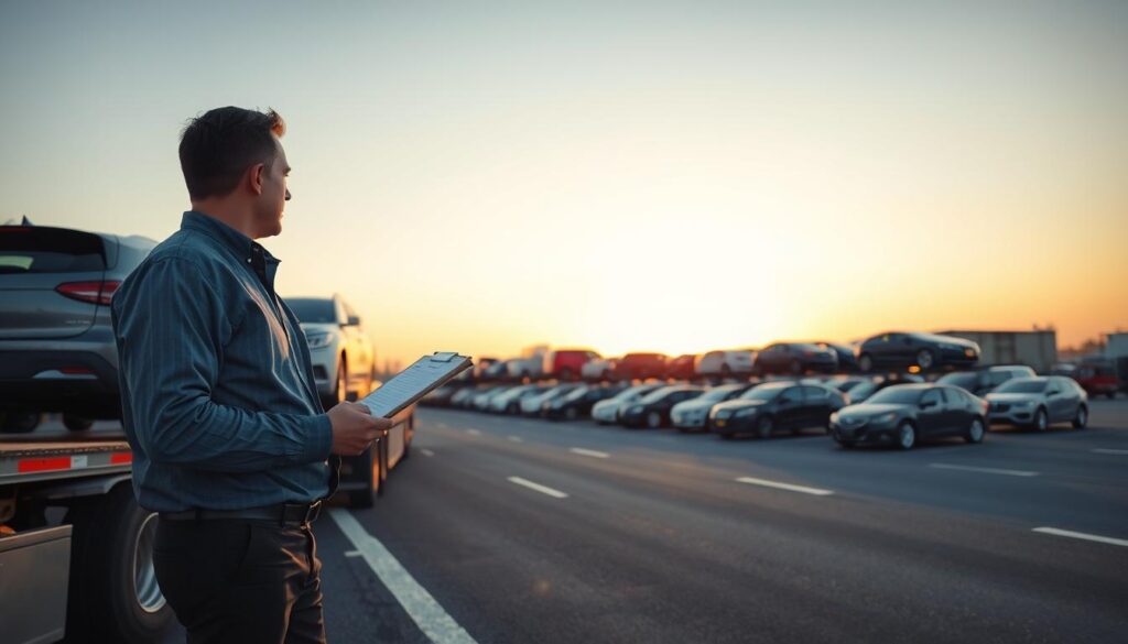 A bustling car shipping yard in Plymouth, Michigan, showcasing various vehicles lined up on a transport truck. In the foreground, a professional auto transport manager, dressed in smart casual attire, inspects the vehicles on the truck with a clipboard in hand. The middle ground features a variety of cars ready for shipment, highlighted under the golden light of late afternoon. In the background, a clear blue sky transitions to a soft orange hue as the sun sets, casting long shadows across the asphalt. The atmosphere is vibrant and industrious, reflecting the operational nature of car shipping and auto transport in this region. The scene is crisp and well-composed, shot from a slightly elevated angle to capture the scope and activity of the yard. A bustling car shipping yard in Plymouth, Michigan, showcasing various vehicles lined up on a transport truck. In the foreground, a professional auto transport manager, dressed in smart casual attire, inspects the vehicles on the truck with a clipboard in hand. The middle ground features a variety of cars ready for shipment, highlighted under the golden light of late afternoon. In the background, a clear blue sky transitions to a soft orange hue as the sun sets, casting long shadows across the asphalt. The atmosphere is vibrant and industrious, reflecting the operational nature of car shipping and auto transport in this region. The scene is crisp and well-composed, shot from a slightly elevated angle to capture the scope and activity of the yard.