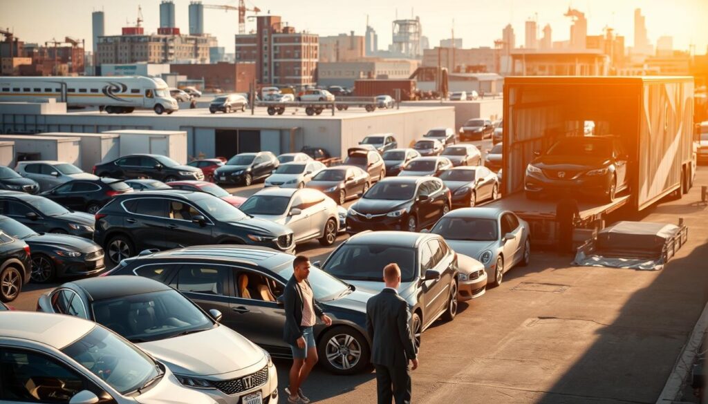 A bustling car shipping yard in River Rouge, Michigan, showcasing a variety of vehicles lined up for transport. In the foreground, several cars are being loaded onto a large car carrier truck, with a diverse group of professionals in business attire coordinating the logistics. In the middle ground, other vehicles await their turn, while a backdrop of industrial buildings characterizes the River Rouge skyline, hinting at the automotive history of the area. The lighting is bright and clear, with a warm afternoon sun casting soft shadows. The shot is taken from a slightly elevated angle, providing a comprehensive view of the operations. The overall mood is industrious and efficient, reflecting the dynamic nature of car shipping and auto transport in this vibrant Michigan locale.