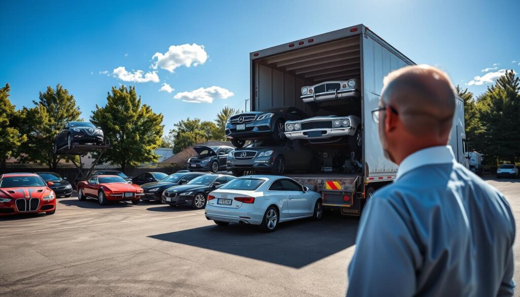 A bustling car shipping yard in Three Rivers, Michigan, showcasing a well-organized scene of various vehicles being loaded onto a transport truck. In the foreground, a trained professional in business attire oversees the loading process, ensuring safety and efficiency. In the middle ground, a multi-car transport truck is prominently featured, filled with classic and modern cars, gleaming under bright daylight, reflecting off their surfaces. The background displays a clear blue sky with a few fluffy clouds and trees lining the perimeter of the yard, adding a natural element to the industrial setting. The atmosphere is dynamic yet professional, emphasizing the importance of vehicle transportation services, with soft shadows cast by the sunlight enhancing the three-dimensional aspect of the scene. The image captures the essence of reliable car shipping in an engaging and vivid manner.