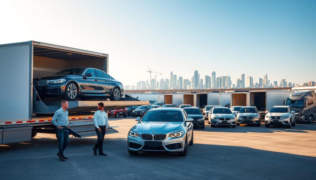 A bustling car shipping yard in Trenton, Michigan, showcasing a variety of vehicles in transit. In the foreground, a professional auto transport driver in business casual attire stands next to a sleek car loaded onto a modern transport truck, engaging with a customer. In the middle ground, multiple transport trucks are lined up, showcasing an array of cars ready for shipping, while a loading dock is visible. The background features the iconic Michigan skyline under a clear blue sky, with soft, warm sunlight illuminating the scene to convey a sense of professionalism and reliability. The overall atmosphere is busy yet organized, emphasizing the efficiency of car shipping services in Trenton.
