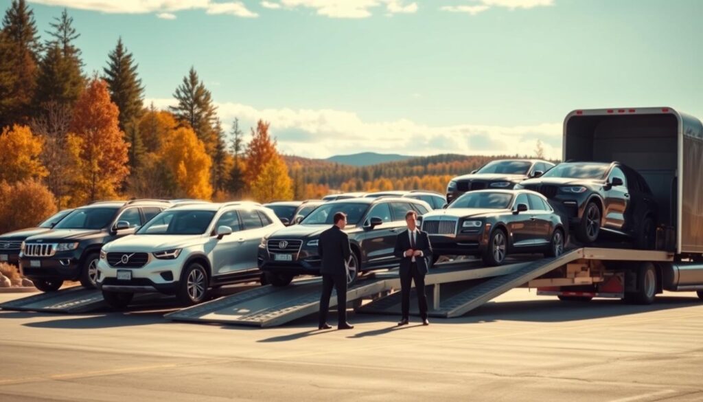 A bustling car transportation service scene in Grayling, Michigan, showcasing a diverse array of vehicles being loaded onto a large, modern car transport truck with ramps in the foreground. In the middle, professional workers in business attire coordinate the shipping process, demonstrating efficiency and expertise. The background features a scenic Michigan landscape with autumn-colored trees and a clear blue sky, emphasizing the location's charm. Soft, warm lighting casts a welcoming glow over the scene, creating a sense of trust and professionalism. The image should capture the dynamic feel of car shipping services while remaining clean and focused, avoiding any distractions or additional elements.