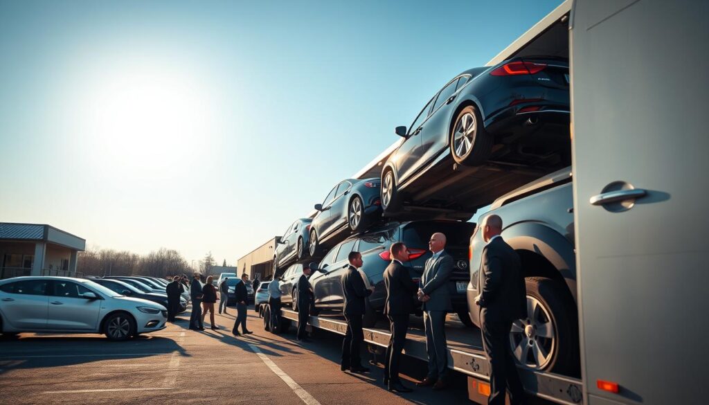 A bustling local vehicle transport scene in Albion, Michigan, focusing on a well-organized car shipping yard. In the foreground, a variety of vehicles, including sedans and SUVs, are lined up on a transport truck, showcasing local auto logistics. The middle ground features a diverse group of professional individuals in business attire, engaged in discussions near an office building, emphasizing coordination in vehicle transport. The background includes a clear blue sky with soft, warm sunlight illuminating the scene, creating a vibrant atmosphere of efficiency and professionalism. The camera angle is slightly elevated, capturing the breadth of the transport yard while maintaining a focus on the human interaction at the center of logistics.