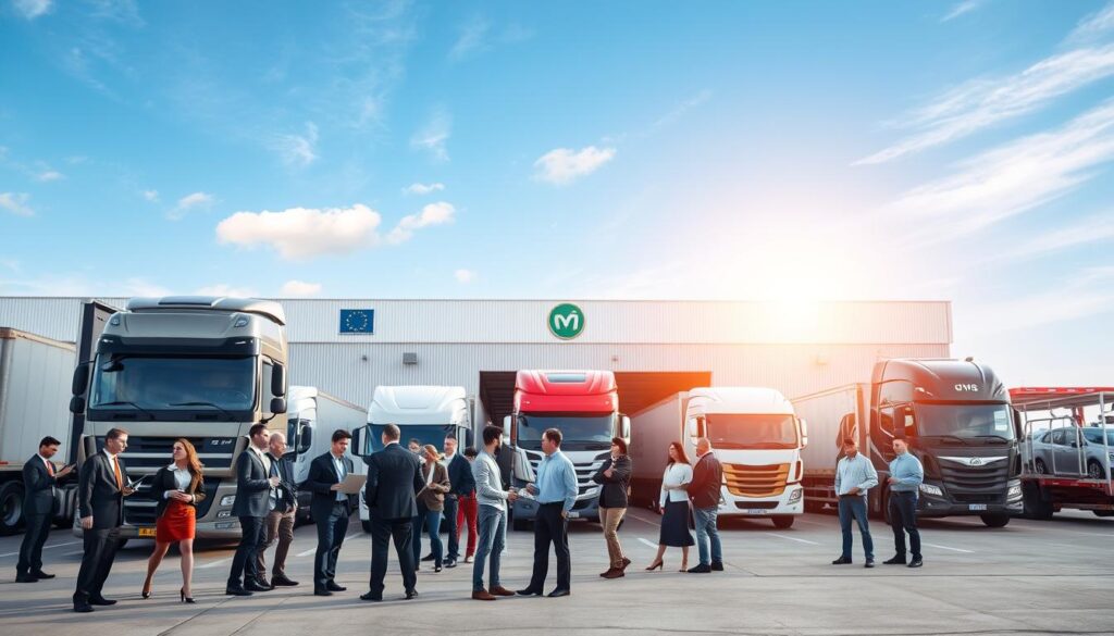 A bustling logistics hub in Canton, Michigan, showcasing a reliable carrier network for car shipping. In the foreground, a diverse group of professionals in business attire, discussing and coordinating shipping operations with laptops and mobile devices. In the middle, sleek transport trucks and car carriers lined up, demonstrating efficiency and readiness. The background features a clear blue sky with a sunlit warehouse adorned with a modern logo, symbolizing professionalism. Include vibrant colors for energy and trust, with soft, natural lighting to create a welcoming atmosphere. Capture the scene from a slightly elevated angle to highlight the interaction among team members and the organized chaos of the logistics environment, reflecting reliability and commitment to service.