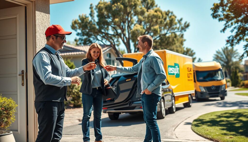 A bustling scene of a professional vehicle logistics service in action, showcasing a door-to-door delivery. In the foreground, a smartly dressed delivery driver, wearing a company uniform, is handing over the keys of a shiny car to a satisfied customer standing at the door of a suburban home. The customer is also in casual but neat clothing, showing warmth and appreciation. In the middle ground, a brightly colored delivery truck is parked on the driveway, with the company logo visible. The background features a picturesque residential street, lined with trees under a clear blue sky, giving a sense of trust and reliability. The lighting is bright and welcoming, suggesting a sunny day, with a slight lens flare to add warmth. The atmosphere is friendly and professional, illustrating seamless vehicle logistics services.