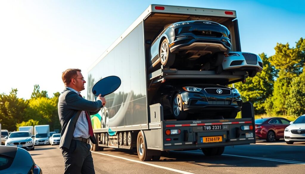 A bustling vehicle delivery service scene in Michigan, featuring a professional car transport truck loaded with shiny automobiles ready for shipment. In the foreground, a driver in smart business attire inspects the vehicle, ensuring everything is secure. The middle ground showcases a busy auto transport yard with more delivery trucks and parked cars, surrounded by lush greenery typical of Michigan's landscape. The background features a clear blue sky, with the iconic Michigan coastline or skyline subtly visible. The image is bathed in warm golden sunlight, creating an inviting atmosphere. Capture this scene with a wide-angle lens to emphasize the scale of the operation, highlighting the professionalism and efficiency of car shipping services in the area. A bustling vehicle delivery service scene in Michigan, featuring a professional car transport truck loaded with shiny automobiles ready for shipment. In the foreground, a driver in smart business attire inspects the vehicle, ensuring everything is secure. The middle ground showcases a busy auto transport yard with more delivery trucks and parked cars, surrounded by lush greenery typical of Michigan's landscape. The background features a clear blue sky, with the iconic Michigan coastline or skyline subtly visible. The image is bathed in warm golden sunlight, creating an inviting atmosphere. Capture this scene with a wide-angle lens to emphasize the scale of the operation, highlighting the professionalism and efficiency of car shipping services in the area.