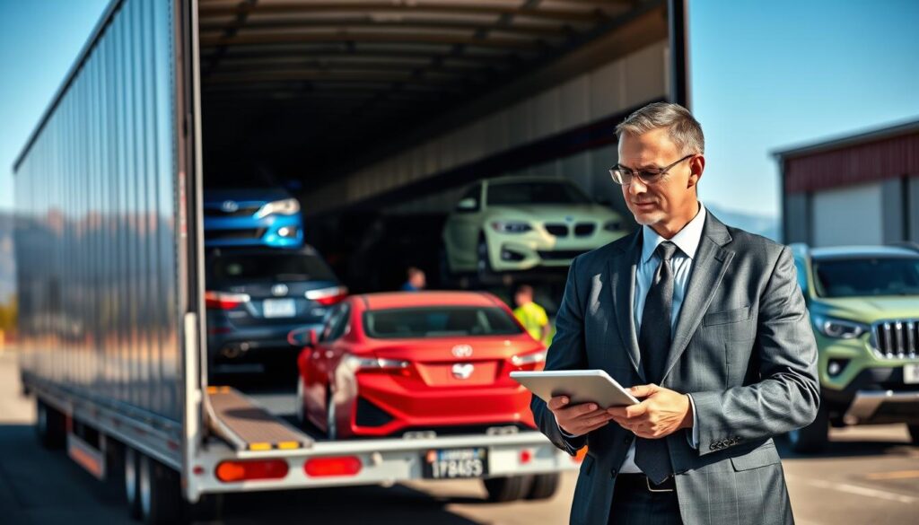 A bustling vehicle logistics hub in Boyne City, Michigan, featuring a sleek car transport truck loaded with various vehicles like sedans and SUVs in vibrant colors. In the foreground, an impeccably dressed logistics manager in a smart suit oversees operations, using a tablet to coordinate shipments. The middle ground highlights a loading dock with staff efficiently moving vehicles, surrounded by a backdrop of a clear blue sky and distant mountains. The lighting is bright and natural, creating an organized and professional atmosphere. The scene is captured from a slightly elevated angle to showcase the scale of the operation, emphasizing professionalism and efficiency in vehicle transport solutions.