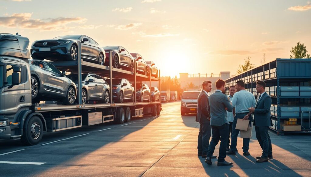 A bustling vehicle logistics hub showcasing various transport elements in Walled Lake, Michigan. In the foreground, there's a modern car carrier truck loaded with diverse vehicles, emphasizing careful arrangement and secure transport methods. In the middle ground, a well-organized logistics center is visible, with workers in professional attire collaborating on inventory and scheduling. Their expressions reflect focus and teamwork. The background features a clear sky with the silhouette of Michigan's landscape, including trees and distant buildings. The scene is illuminated by soft mid-morning light, emphasizing a productive atmosphere. The composition is captured from a slightly elevated angle, highlighting the efficiency and orderliness of vehicle logistics services.