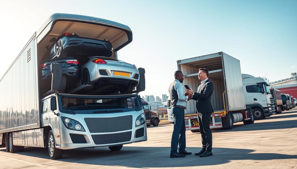 A bustling vehicle shipping service scene in Highland Park, Michigan. In the foreground, a sleek, modern auto transport truck loaded with various cars, showcasing efficiency and care. In the middle, professional workers in business attire inspecting vehicles with focus and dedication, emphasizing reliability and attention to detail. The background features a bright, clear sky, a well-organized shipping yard with other transport trucks ready for loading, and a hint of the local cityscape. The lighting is bright and natural, highlighting the vibrancy of activity while casting soft shadows. The composition captures a sense of professionalism, teamwork, and trust in vehicle shipping services, perfectly aligning with the theme of comprehensive auto transport solutions.