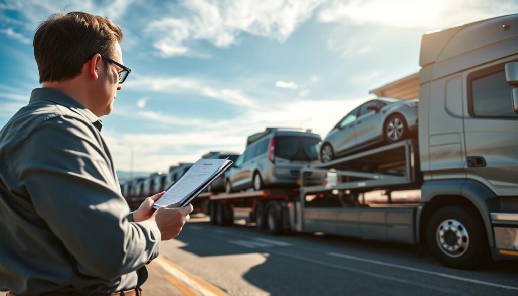 A bustling vehicle shipping terminal in Flint, Michigan, showcasing rows of cars being loaded onto transport carriers. In the foreground, a professional worker in business attire examines shipping documents while overseeing the loading process. The middle ground features multiple car transport trucks, some fully loaded with vehicles secured in place, and others preparing for departure. The background reveals a bright blue sky with subtle clouds, sunlight glinting off the metal surfaces of the cars and trucks, conveying a sense of efficiency and professionalism. The scene is captured from a low-angle perspective, emphasizing the scale of the operation and instilling a sense of movement and urgency, perfect for illustrating the car shipping and auto transport industry.