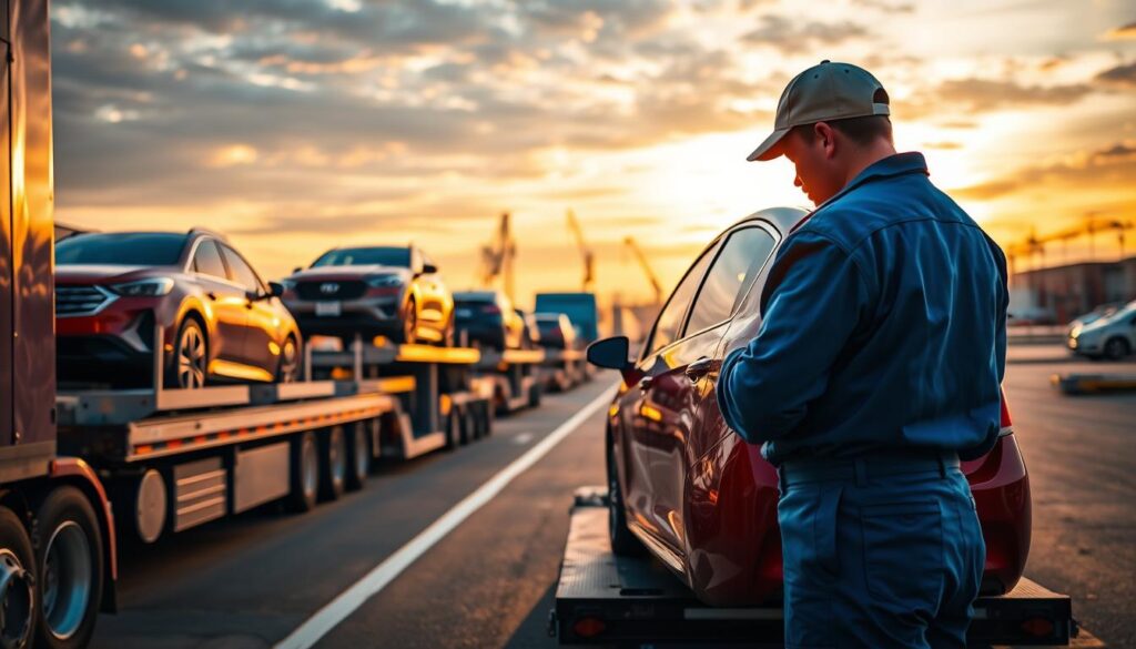 A bustling vehicle shipping terminal in Rochester Hills, Michigan, during the late afternoon. In the foreground, a professional truck driver in a blue uniform inspects a shiny red car on an auto transport truck, showcasing attention to detail. The middle ground features several transport trucks loaded with vehicles, highlighting the logistics of car shipping. The background reveals a vibrant, slightly cloudy sky, with distant industrial buildings and cranes hinting at an operational shipping environment. Soft, natural lighting casts long shadows, creating a warm and inviting atmosphere. The angle is slightly elevated to capture both the vehicles and the terminal, conveying a sense of organized hustle. The overall mood is both professional and dynamic, emphasizing the importance of understanding vehicle shipping costs.
