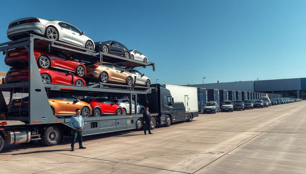 A bustling vehicle shipping yard in Ann Arbor, Michigan. In the foreground, a modern car carrier truck is parked, showcasing an array of colorful vehicles securely loaded on multiple levels. Workers in professional business attire efficiently manage the loading and unloading process, demonstrating teamwork and attention to detail. In the middle ground, an array of vehicles lines up along a well-organized dock, with visual elements like loading ramps and shipping containers. The background features a clear blue sky, adding a sense of openness and trustworthiness to the scene. Soft sunlight casts gentle shadows, creating a bright and positive atmosphere. Capture this scene from a slightly elevated angle to emphasize the scale of operations while keeping the focus on the vehicles and transport services in action.