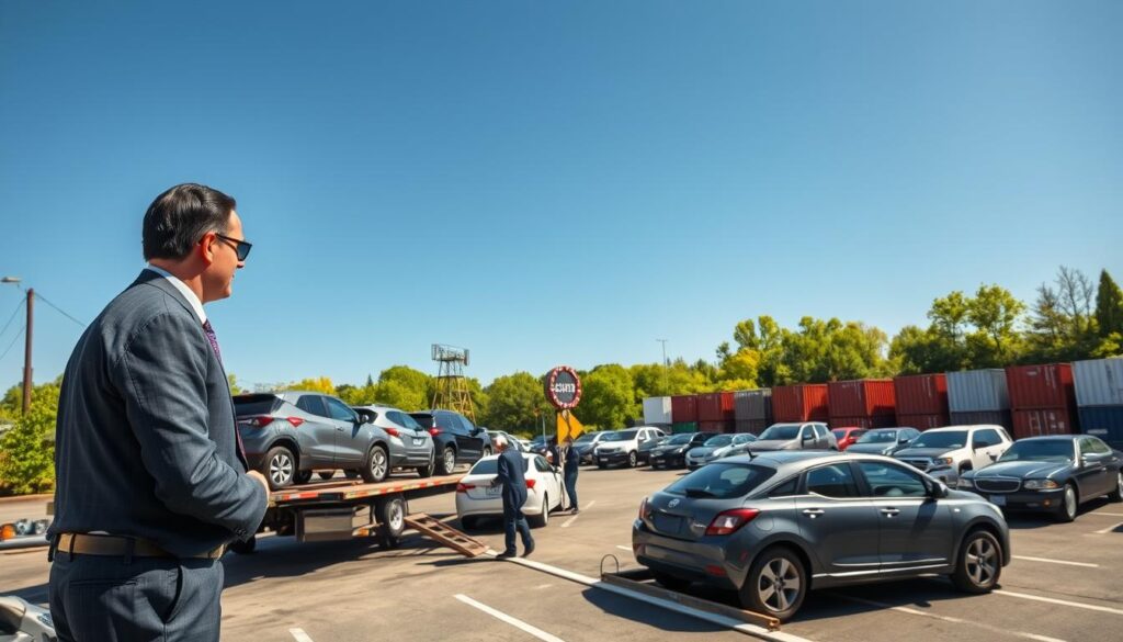 A bustling vehicle shipping yard in East Lansing, Michigan, showcasing a variety of cars being loaded onto an open trailer. In the foreground, a professional-looking truck driver in business attire oversees the loading process, ensuring vehicles are secured properly. The middle ground features multiple vehicles—sedans, SUVs, and trucks—lined up, with workers carefully handling the logistics of loading. In the background, a clear blue sky contrasts with vibrant greenery, hinting at a sunny day, while rows of shipping containers showcase the scale of operations. The scene is illuminated with natural lighting, creating a bright and optimistic atmosphere. Use a slightly elevated angle to capture the whole scene for a comprehensive view of the efficient vehicle shipping process.