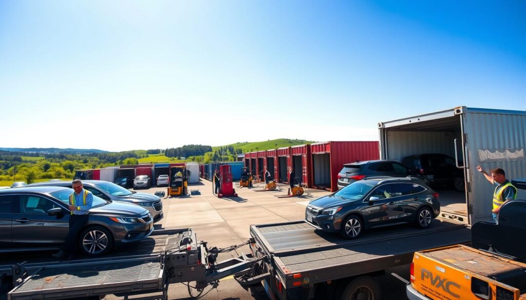A bustling vehicle shipping yard in Traverse City, Michigan, under a clear blue sky. In the foreground, several cars, including sedans and SUVs, are lined up on a modern transport truck, ready for shipment. A worker in professional attire checks the vehicle documentation, while another team member inspects the cargo. The middle ground features a well-organized row of shipping containers and forklifts moving vehicles efficiently, emphasizing the seamless operation of the shipping process. In the background, scenic views of Traverse City’s lush greenery and rolling hills create a vibrant atmosphere. The sunlight casts soft shadows, highlighting the professionalism and care involved in vehicle transport, conveying a mood of reliability and trustworthiness. Use a wide-angle lens to capture the entire scene, ensuring clarity and depth.