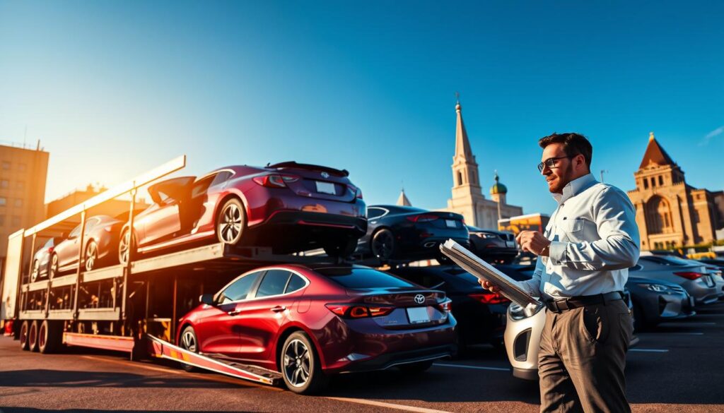 A bustling vehicle transport scene in Kalamazoo, Michigan, showcasing a fleet of shiny cars loaded onto an open car carrier truck, parked in a well-organized transport yard. In the foreground, a professional vehicle transport operator, dressed in a crisp company uniform, inspects the vehicles with a clipboard in hand, emphasizing diligence and care. The middle ground features the truck and various parked cars, with bright reflective surfaces glimmering under the afternoon sun. In the background, iconic Kalamazoo architecture is faintly visible, blending modern and historic elements under a clear blue sky. The lighting should create a warm, inviting atmosphere, capturing the essence of a busy yet efficient vehicle transportation process. The perspective should be slightly angled to showcase depth, while the overall mood reflects professionalism and reliability. A bustling vehicle transport scene in Kalamazoo, Michigan, showcasing a fleet of shiny cars loaded onto an open car carrier truck, parked in a well-organized transport yard. In the foreground, a professional vehicle transport operator, dressed in a crisp company uniform, inspects the vehicles with a clipboard in hand, emphasizing diligence and care. The middle ground features the truck and various parked cars, with bright reflective surfaces glimmering under the afternoon sun. In the background, iconic Kalamazoo architecture is faintly visible, blending modern and historic elements under a clear blue sky. The lighting should create a warm, inviting atmosphere, capturing the essence of a busy yet efficient vehicle transportation process. The perspective should be slightly angled to showcase depth, while the overall mood reflects professionalism and reliability.
