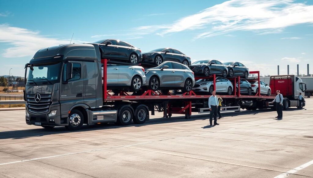 A bustling vehicle transport scene set in a car shipping yard in Muskegon, Michigan. In the foreground, showcase a modern car carrier truck with several vehicles securely loaded onto its multi-tiered bed, reflecting a polished finish under the bright afternoon sun. In the middle, depict workers in professional attire coordinating the loading and unloading process, using safety gear and equipment like wheel chocks and tie-downs. The background should feature a scenic view of the Muskegon landscape, with a vibrant blue sky and distant industrial buildings, conveying a sense of efficiency and organization in the vehicle transportation process. Use natural lighting to create a clear, lively atmosphere, highlighting the activity and professionalism of the auto transport industry.