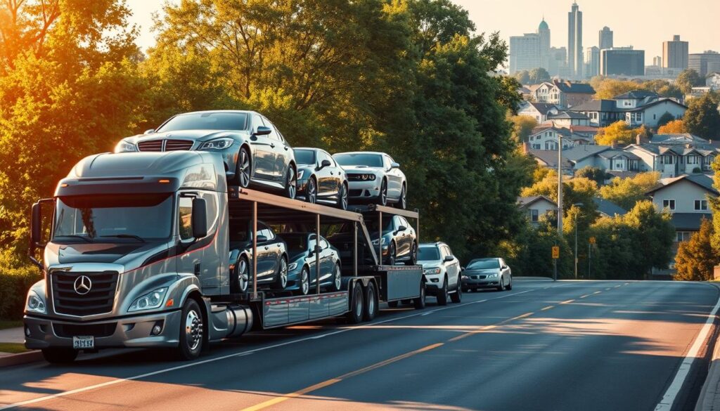 A bustling vehicle transport services scene showcasing a modern auto transport truck loaded with various cars, set in Highland Park, Michigan. In the foreground, the truck, gleaming under the soft afternoon sunlight, is parked beside a smooth asphalt road lined with lush trees. In the middle ground, vehicles like sedans, SUVs, and classic cars are carefully placed on the truck, showcasing diversity in design and color. The background features a typical urban skyline mixed with residential buildings, reflecting a sense of community. Warm, inviting lighting envelops the entire scene, highlighting the professionalism and care involved in vehicle transportation services. The image conveys a sense of reliability, efficiency, and trust, essential in the auto transport industry.